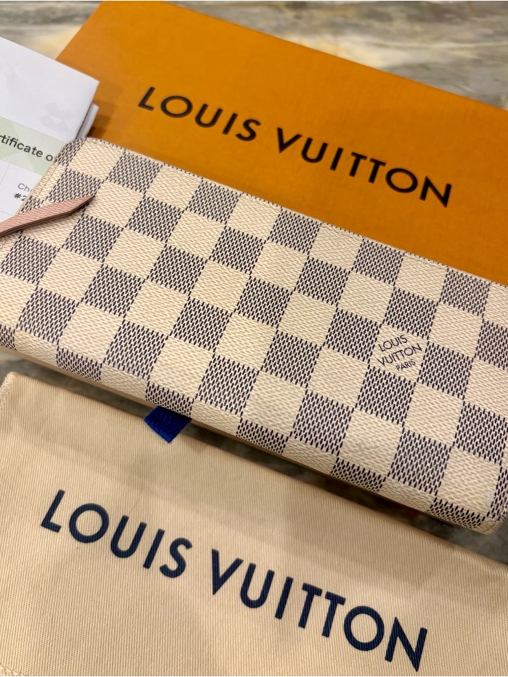 Louis Vuitton Clemence Damier Azur Zippy Wallet in Cream Check PINK Interior COA - Picture 16 of 16